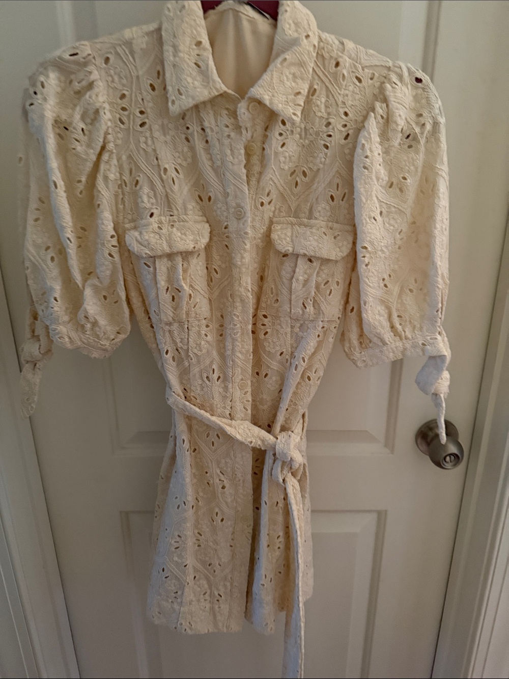 Eyelet Shirt Dress with Tie Waist in Cream